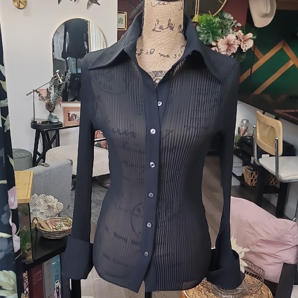 Moda International Black Sheer Button Down Shirt